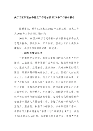 区妇联去年亮点工作总结及2023年工作安排报告