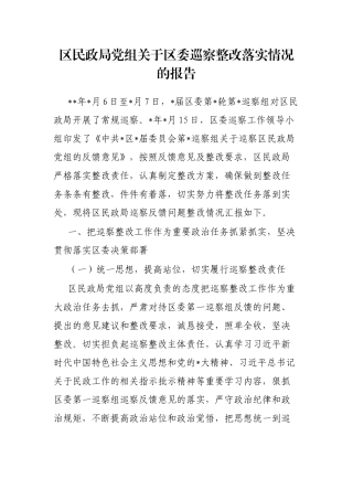 区民政局党组关于区委巡察整改落实情况的报告