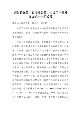 副行长在数字建设峰会数字人民币产业发展分论坛上的致辞