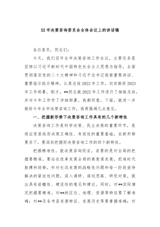 市决策咨询委员会全体会议上的讲话稿