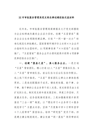 市审批服务管理局党支部品牌创建经验交流材料