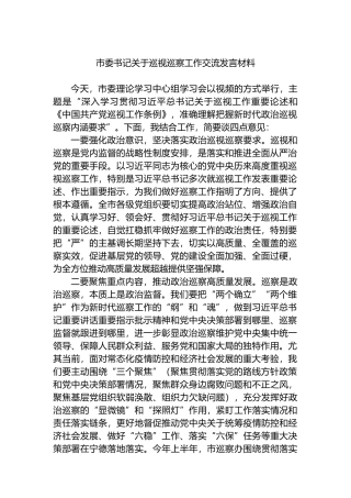 市委书记巡视巡察工作交流发言材料
