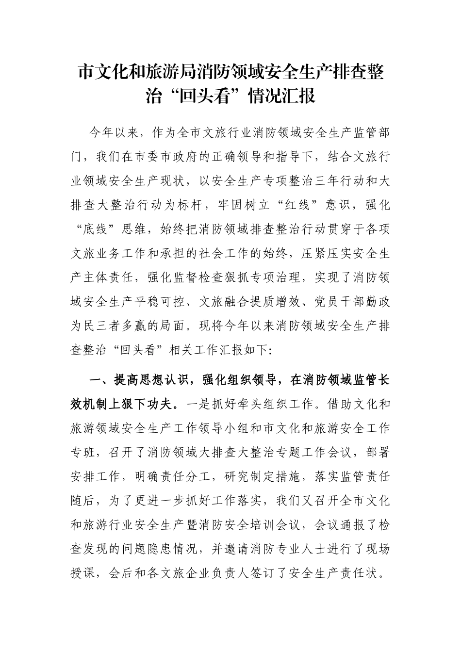 市文化和旅游局消防领域安全生产排查整治“回头看”情况汇报_第1页