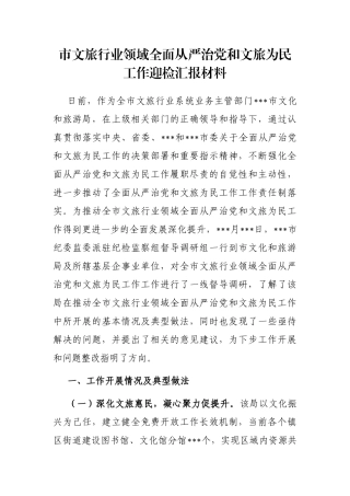 市文旅行业领域全面从严治党和文旅为民工作迎检汇报材料