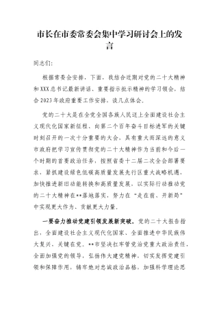 市长在市委常委会集中学习研讨会上的发言