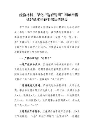 经验材料：深化“选育管用”四项举措抓好抓实年轻干部队伍建设