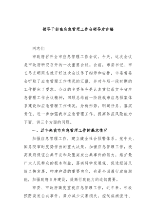 领导干部在应急管理工作会领导发言稿