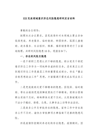 民政领域意识形态风险隐患研判发言材料