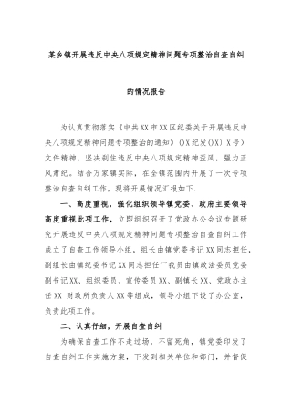 某乡镇开展违反中央八项规定精神问题专项整治自查自纠的情况报告
