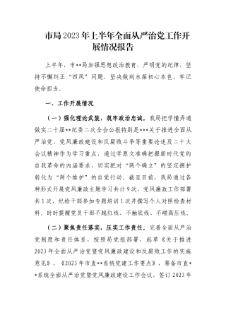 市局2023年上半年全面从严治党工作开展情况报告