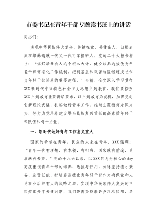 市委书记在青年干部专题读书班上的讲话
