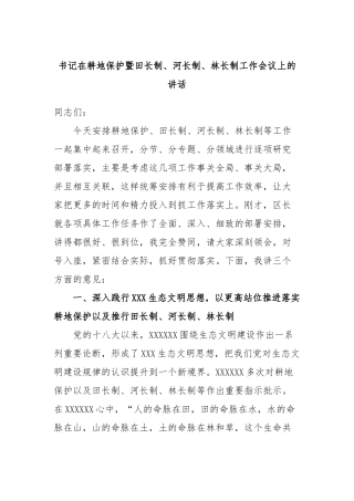 书记在耕地保护暨田长制、河长制、林长制工作会议上的讲话