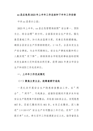 县应急局2023年上半年工作总结和下半年工作安排