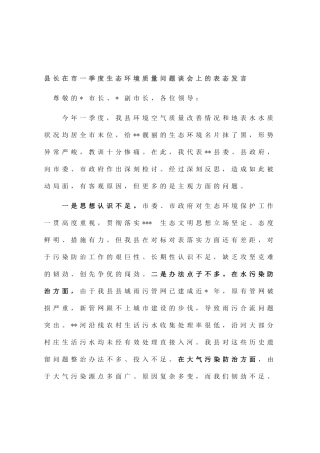 县长在市一季度生态环境质量问题谈会上的表态发言