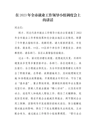 在2023年全市就业工作领导小组调度会上的讲话