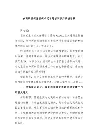 在两新组织党组织书记示范培训班开班讲话稿