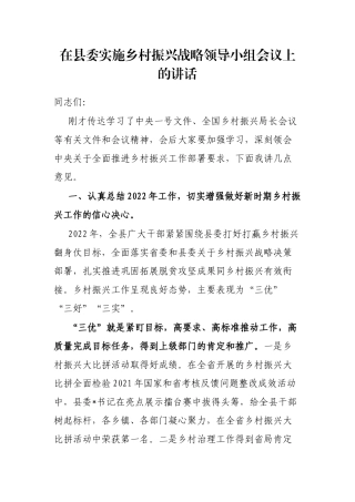 在县委实施乡村振兴战略领导小组会议上的讲话
