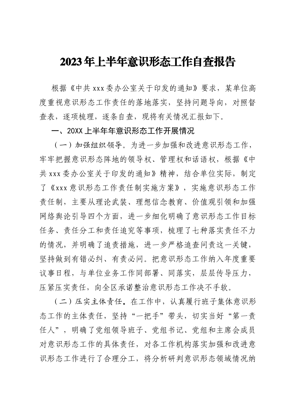 20XX年上半年意识形态工作自查报告_第1页