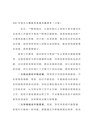 2023年党内主题教育查摆问题清单（12条）