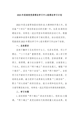 2023年某高校党委理论学习中心组理论学习计划