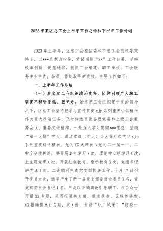2023年区总工会上半年工作总结和下半年工作计划