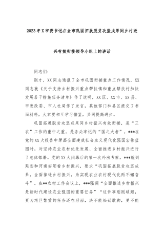2023年市委书记在全市巩固拓展脱贫攻坚成果同乡村振兴有效衔接领导小组上的讲话