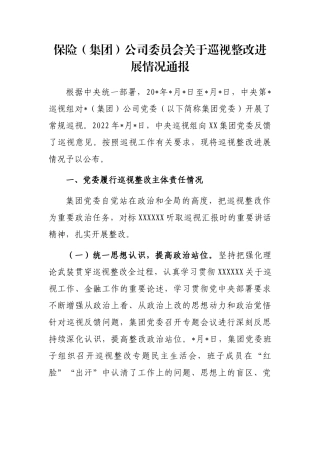 保险（集团）公司委员会关于巡视整改进展情况通报