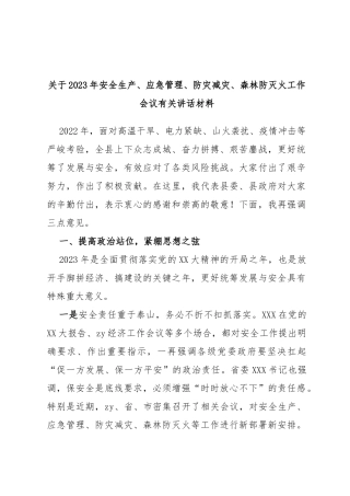 2023年安全生产、应急管理、防灾减灾、森林防灭火工作会议有关讲话材料