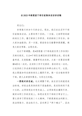 在2023年新提拔干部任前集体谈话讲话稿