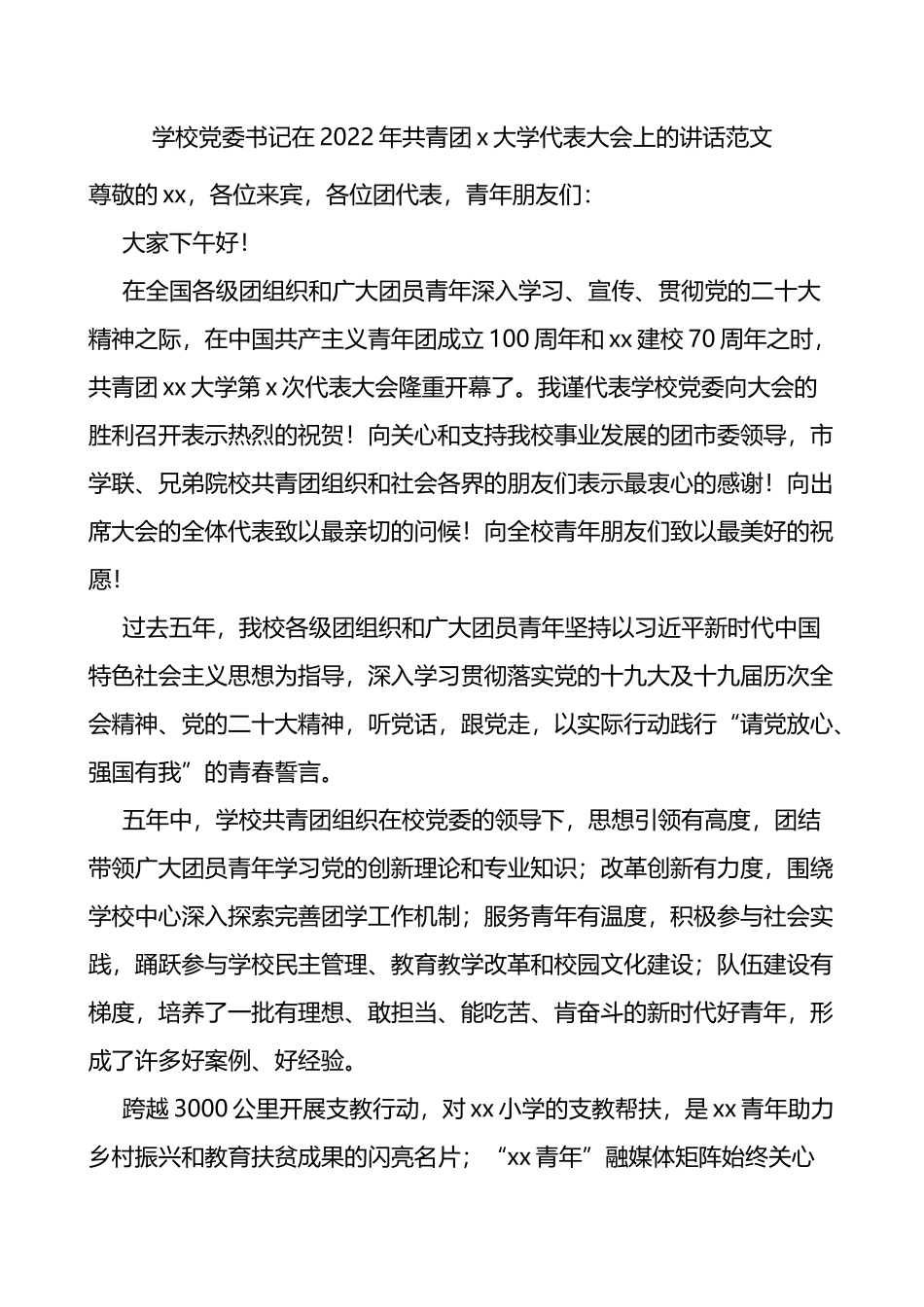 2022年共青团x大学代表大会上的讲话_第1页