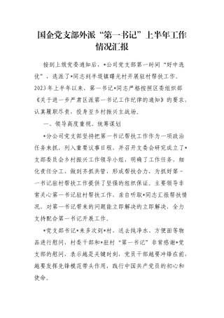 国企党支部外派“第一书记”上半年工作情况汇报