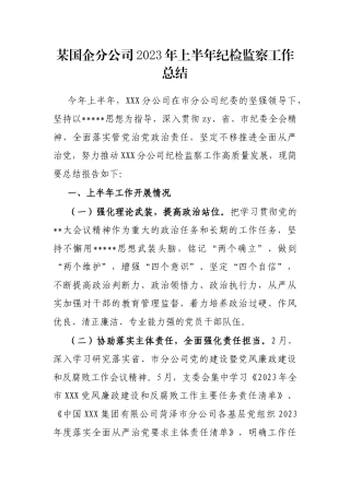 国企分公司2023年上半年纪检监察工作总结