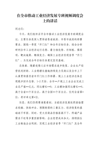 在全市推动工业经济发展专班视频调度会上的讲话