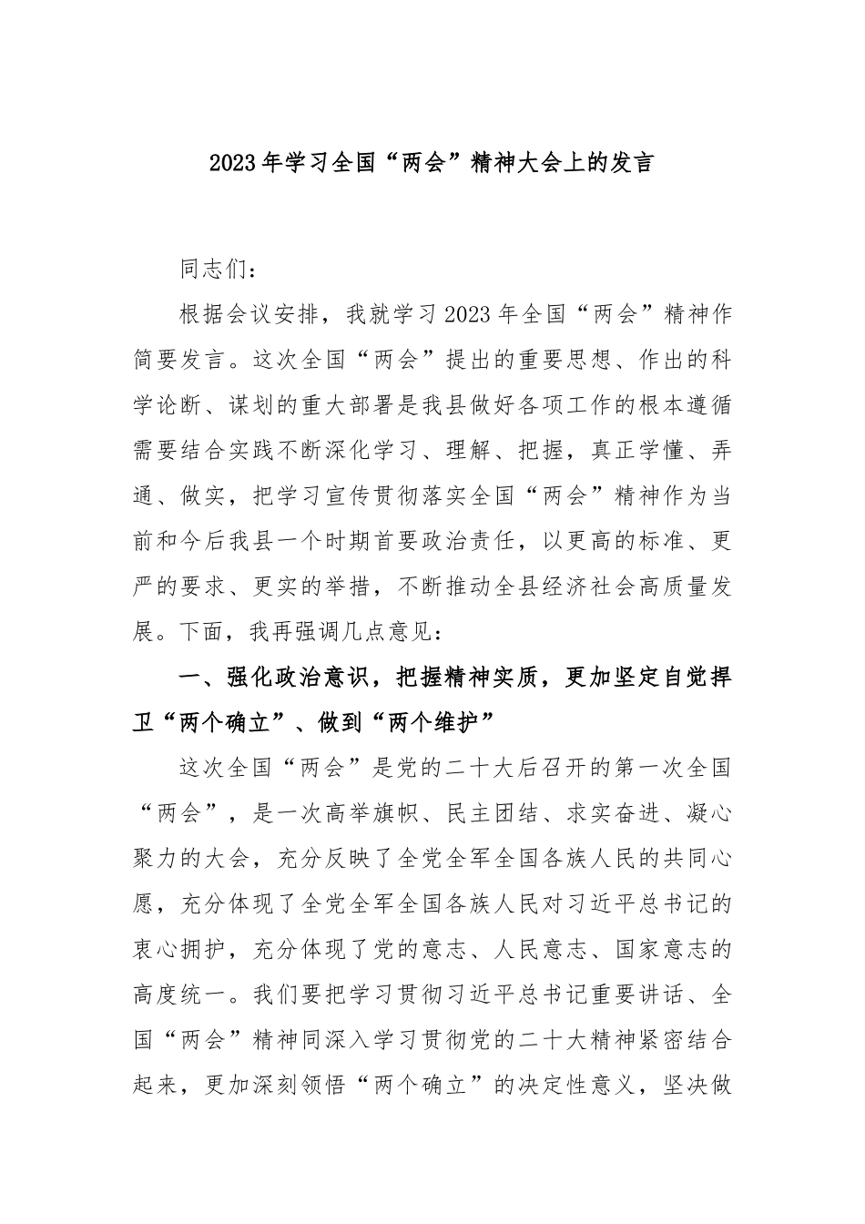 2023年学习全国“两会”精神大会上的发言_第1页