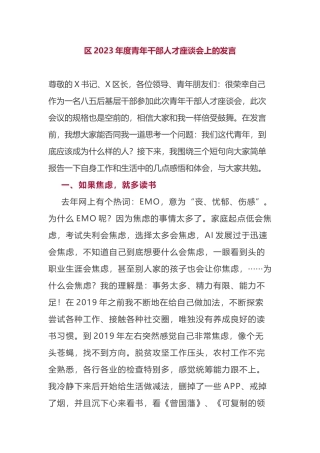 区2023年度青年干部人才座谈会上的发言