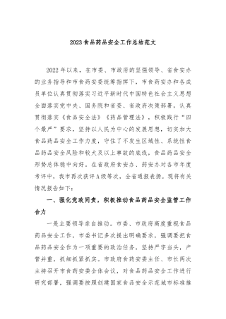 2023食品药品安全工作总结范文