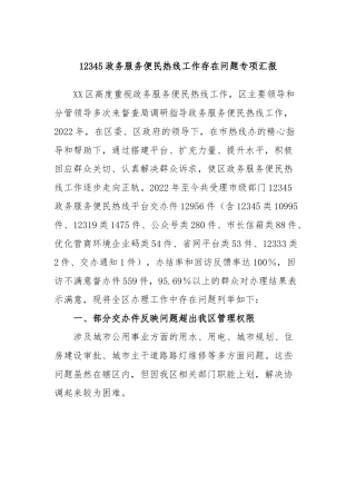 12345政务服务便民热线工作存在问题专项汇报
