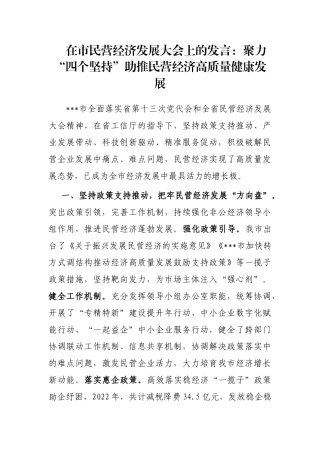 在市民营经济发展大会上的发言：聚力“四个坚持”助推民营经济高质量健康发展