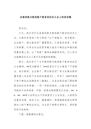 在推进敢为敢闯敢干敢首创动员大会上的讲话稿
