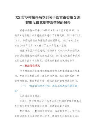 XX市乡村振兴局党组关于落实市委第X巡察组反馈意见整改情况的报告