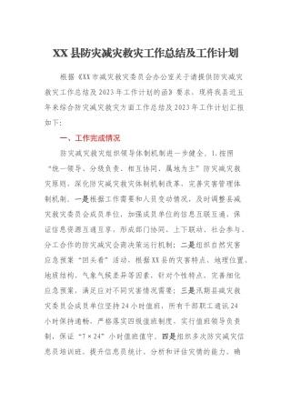 XX县防灾减灾救灾工作总结及工作计划