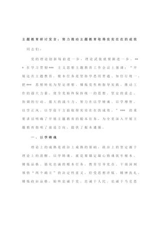 主题教育研讨发言 努力推动主题教育取得实实在在的成效