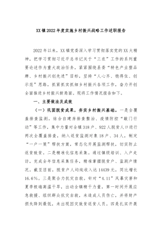 镇2022年度实施乡村振兴战略工作述职报告