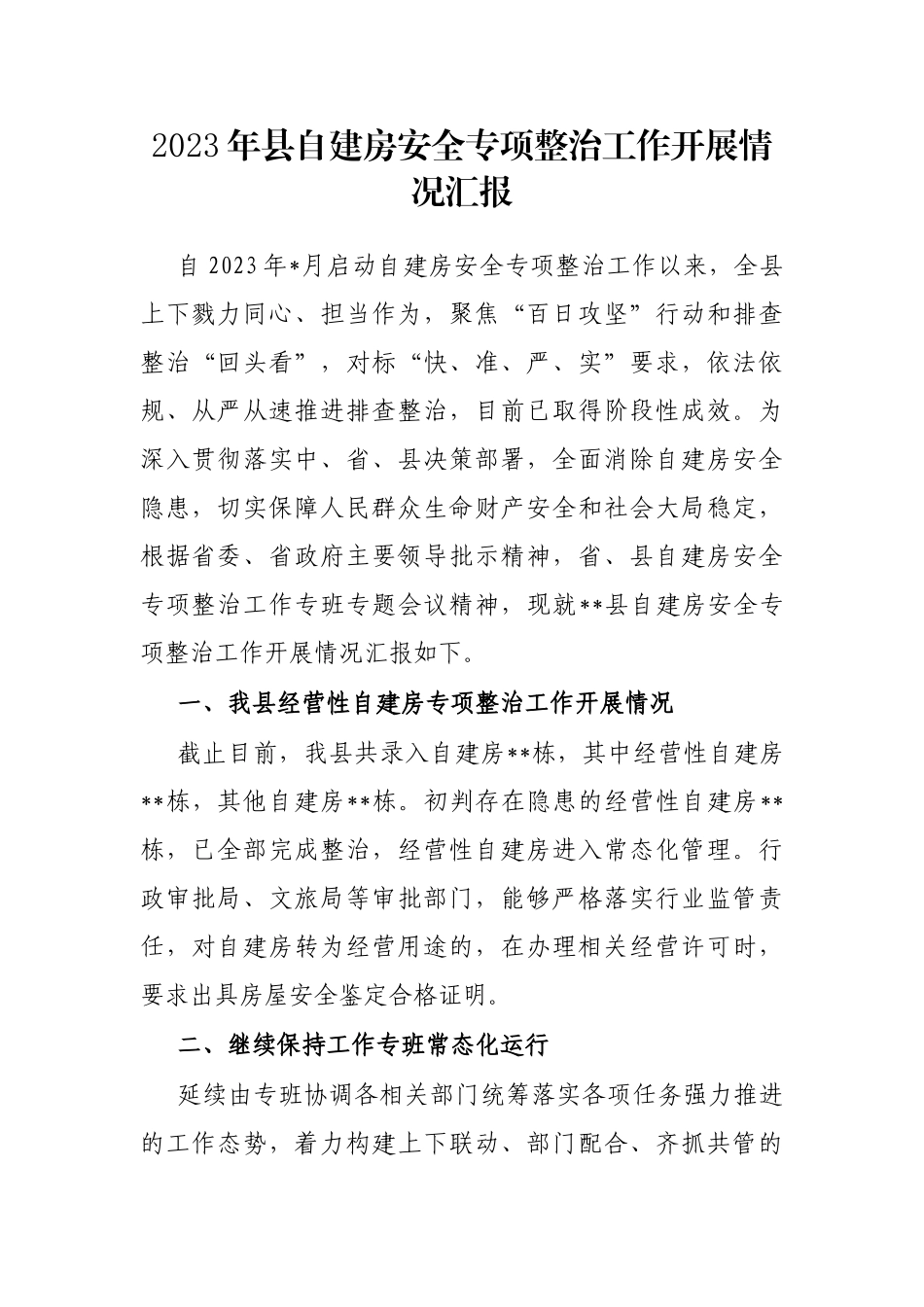 2023年县自建房安全专项整治工作开展情况汇报_第1页