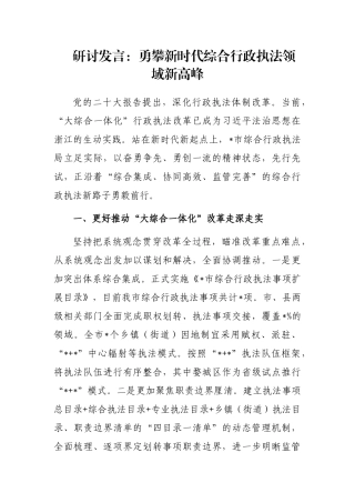 研讨发言：勇攀新时代综合行政执法领域新高峰