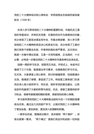 党的二十大精神培训班心得体会：学思践悟走在前踔厉奋发建新功