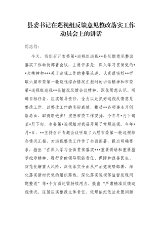 县委书记在巡视组反馈意见整改落实工作动员会上的讲话