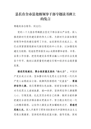 县长在全市县处级领导干部专题读书班上的发言