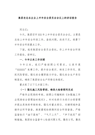 集团老总在企业上半年安全委员会会议上的讲话报告