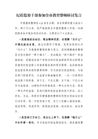 纪检监察干部参加全市教育整顿研讨发言